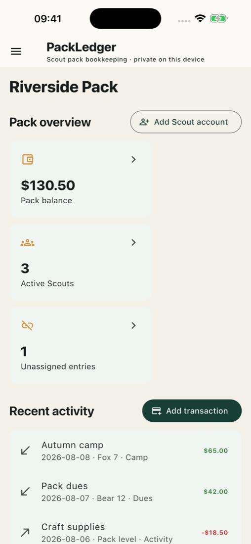 Pack and Scout balances in PackLedger Scout (English interface)