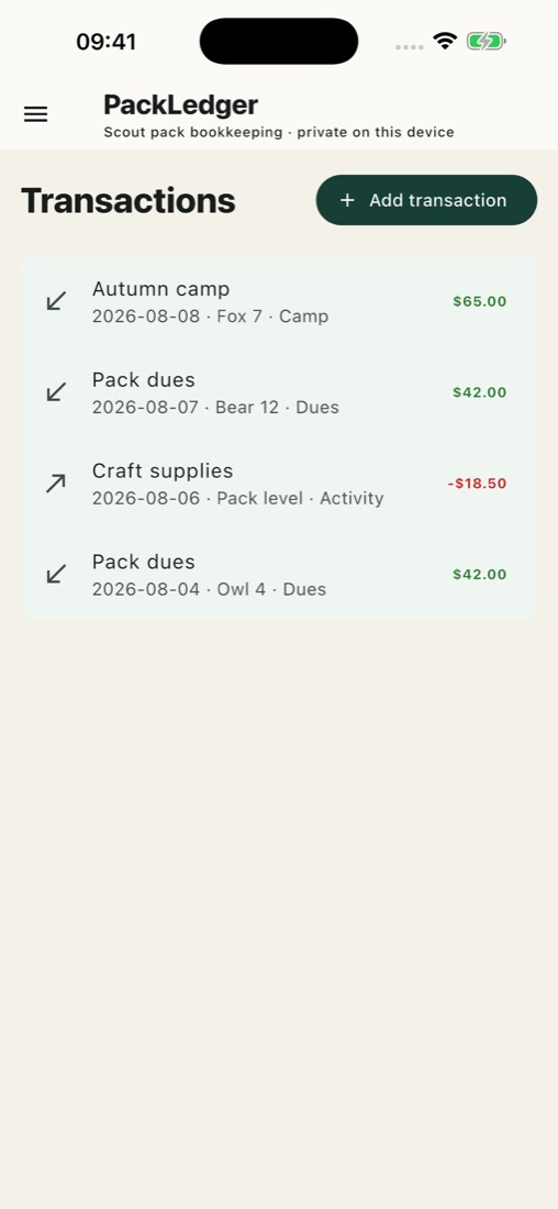 Payments and expenses in PackLedger Scout (English interface)
